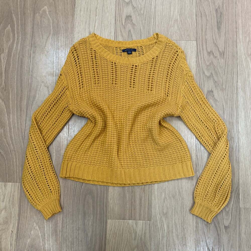 American Eagle Yellow Open Knit Long Sleeve Pullover Sweater Size Small